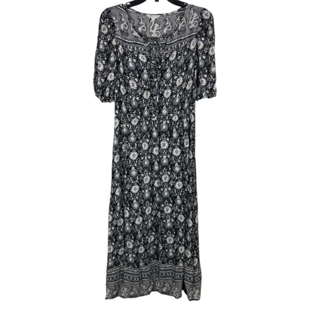 Lucky‎ Brand Maxi Long Dress Floral Gray XS 3/4 Sleeve Boho Prairie Romantic